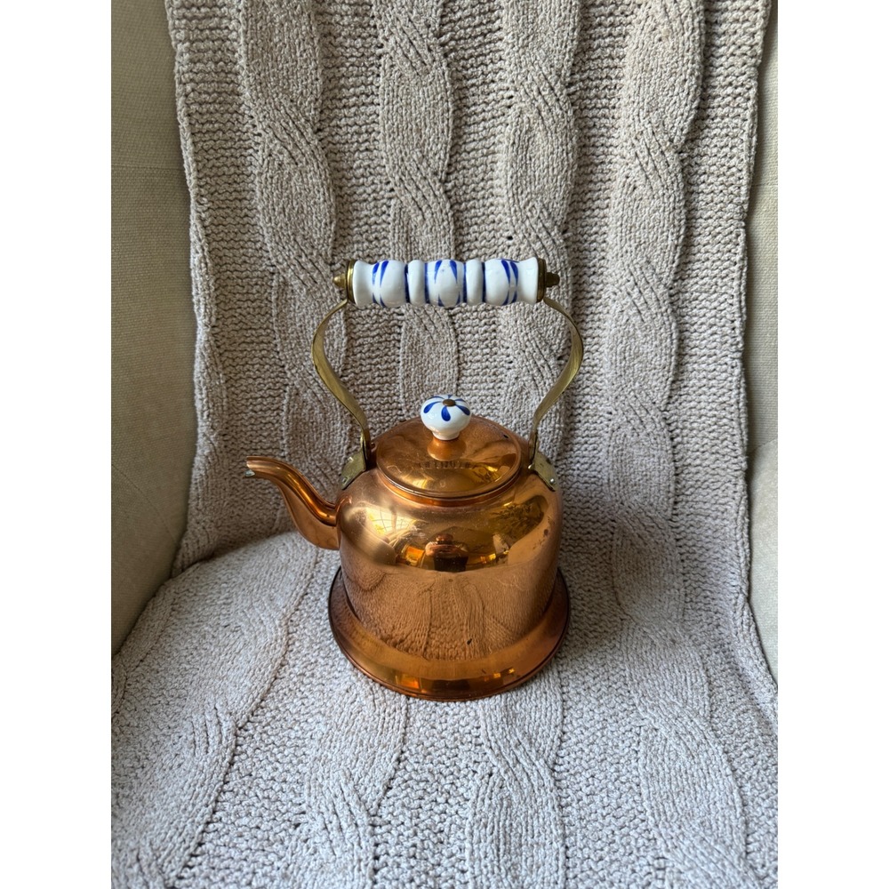 Vintage Copper Tea Kettle with Blue and White Ceramic Handle Brass Accents